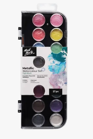 mont marte metallic watercolor paint set, 16 colors + brush – A